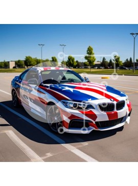 Intra Συλλεκτικό Ξύλινο Παζλ Plywood  4mm - Κόκκινο, λευκό και μπλε αυτοκίνητο BMW με σχέδιο αμερικανικής σημαίας Σε Ξύλινο Κουτί - Διαστάσεις Puzzle: 10x10 cm – 25 κομμάτια