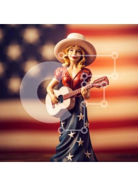 Intra Συλλεκτικό Ξύλινο Παζλ Plywood  4mm - Αμερικανικό ειδώλιο γυναίκας που παίζει κιθάρα μπροστά από την αμερικανική σημαία Σε Ξύλινο Κουτί - Διαστάσεις Puzzle: 10x10 cm – 25 κομμάτια