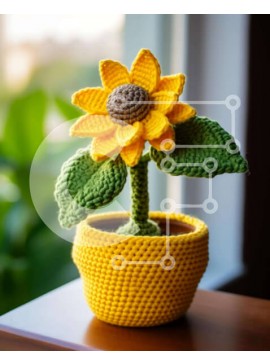 Intra Συλλεκτικό Ξύλινο Παζλ Plywood  4mm - Κίτρινο κροσέ ηλιοτρόπιο στο περβάζι παραθύρου Σε Ξύλινο Κουτί - Διαστάσεις: 10x10 cm – 25 κομμάτια