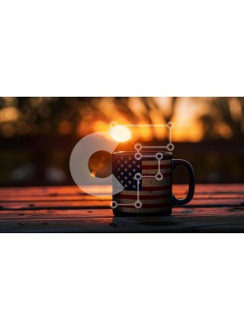 Σετ των 2 Intra Συλλεκτικό Ξύλινο Παζλ Plywood  4mm - Μαύρη κούπα καφέ με σχέδιο αμερικανικής σημαίας σε ξύλινο τραπέζι στο ηλιοβασίλεμα Σε Ξύλινο Κουτί - Διαστάσεις: 10x10 cm – 25 κομμάτια