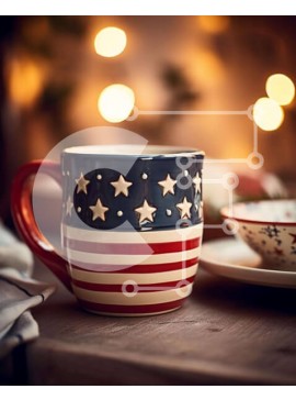 Intra Συλλεκτικό Ξύλινο Παζλ Plywood  4mm - Κούπα καφέ αμερικανικής σημαίας σε πιάτα με φώτα Σε Ξύλινο Κουτί - Διαστάσεις Puzzle: 10x10 cm – 25 κομμάτια