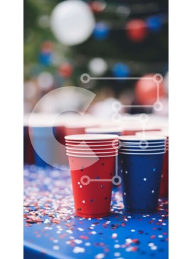 Intra Συλλεκτικό Ξύλινο Παζλ Plywood  4mm - Κόκκινα, λευκά και μπλε χάρτινα ποτήρια στο τραπέζι με κομφετί Σε Ξύλινο Κουτί - Διαστάσεις Puzzle: 10x10 cm – 25 κομμάτια