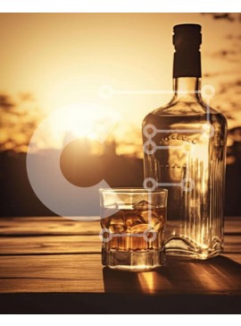 Σετ των 2 Intra Συλλεκτικό Ξύλινο Παζλ Plywood  4mm - Μπουκάλι ουίσκι και ποτήρι σε ξύλινο τραπέζι στο ηλιοβασίλεμα Σε Ξύλινο Κουτί - Διαστάσεις: 10x10 cm – 25 κομμάτια