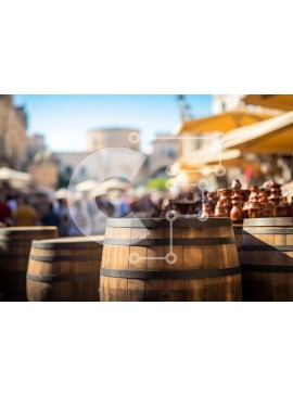 Σετ των 2 Intra Συλλεκτικό Ξύλινο Παζλ Plywood  4mm - Πολυσύχναστη υπαίθρια αγορά με ξύλινα βαρέλια και κόσμο Σε Ξύλινο Κουτί - Διαστάσεις: 10x10 cm – 25 κομμάτια