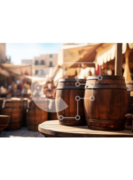 Intra Συλλεκτικό Ξύλινο Παζλ Plywood  4mm - Ξύλινα βαρέλια και άνθρωποι στην υπαίθρια αγορά Σε Ξύλινο Κουτί - Διαστάσεις Puzzle: 10x10 cm – 25 κομμάτια