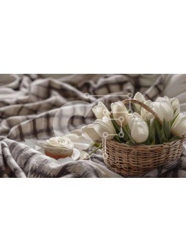 Intra Συλλεκτικό Ξύλινο Παζλ Plywood  4mm - Καλάθι με λευκές τουλίπες, cupcakes και πασχαλινό λαγουδάκι Σε Ξύλινο Κουτί - Διαστάσεις Puzzle: 10x10 cm – 25 κομμάτια