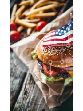 Intra Συλλεκτικό Ξύλινο Παζλ Plywood  4mm - Μπέργκερ με αμερικανική σημαία και πατάτες πατάτες Σε Ξύλινο Κουτί - Διαστάσεις: 10x10 cm – 25 κομμάτια