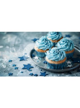 Σετ των 2 Intra Συλλεκτικό Ξύλινο Παζλ Plywood  4mm - Blue Frosted Cupcakes σε ασημένιο πιάτο με μπλε αστέρια Σε Ξύλινο Κουτί - Διαστάσεις: 10x10 cm – 25 κομμάτια