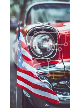 Intra Συλλεκτικό Ξύλινο Παζλ Plywood  4mm - Κόκκινο κλασικό αυτοκίνητο με αμερικανική σημαία Σε Ξύλινο Κουτί - Διαστάσεις Puzzle: 10x10 cm – 25 κομμάτια