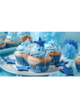 Σετ των 2 Intra Συλλεκτικό Ξύλινο Παζλ Plywood  4mm - Πιάτο Cupcakes με Blue Frosting και αστέρια Σε Ξύλινο Κουτί - Διαστάσεις: 10x10 cm – 25 κομμάτια