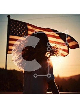 Intra Συλλεκτικό Ξύλινο Παζλ Plywood  4mm - Πατριωτική γυναίκα με φουσκωμένα μαλλιά δίπλα στην αμερικανική σημαία Σε Ξύλινο Κουτί - Διαστάσεις Puzzle: 10x10 cm – 25 κομμάτια