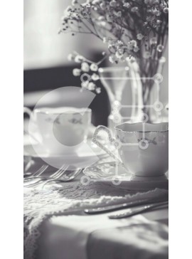 Intra Συλλεκτικό Ξύλινο Παζλ Plywood  4mm - Ασπρόμαυρη ρύθμιση τραπεζιού με φλιτζάνια τσαγιού και λουλούδια Σε Ξύλινο Κουτί - Διαστάσεις Puzzle: 10x10 cm – 25 κομμάτια