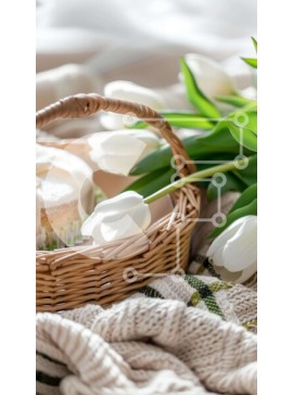 Intra Συλλεκτικό Ξύλινο Παζλ Plywood  4mm - Κομψό καλάθι με λευκές τουλίπες και κέικ Σε Ξύλινο Κουτί - Διαστάσεις Puzzle: 10x10 cm – 25 κομμάτια