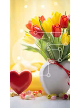 Intra Συλλεκτικό Ξύλινο Παζλ Plywood  4mm - Πολύχρωμες τουλίπες σε λευκό βάζο με καραμέλες σε σχήμα καρδιάς Σε Ξύλινο Κουτί - Διαστάσεις Puzzle: 10x10 cm – 25 κομμάτια