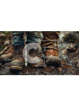 Intra Συλλεκτικό Ξύλινο Παζλ Plywood  4mm - Δύο άτομα με μπότες πεζοπορίας που στέκονται στη λάσπη Σε Ξύλινο Κουτί - Διαστάσεις: 10x10 cm – 25 κομμάτια