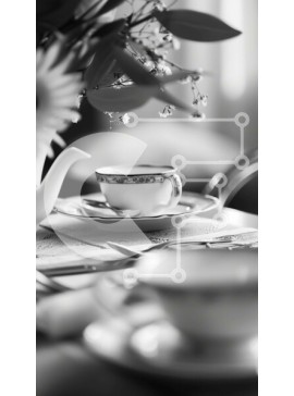 Intra Συλλεκτικό Ξύλινο Παζλ Plywood  4mm - Ασπρόμαυρο Σετ τραπεζιού με φλιτζάνια τσαγιού και λουλούδια Σε Ξύλινο Κουτί - Διαστάσεις Puzzle: 10x10 cm – 25 κομμάτια