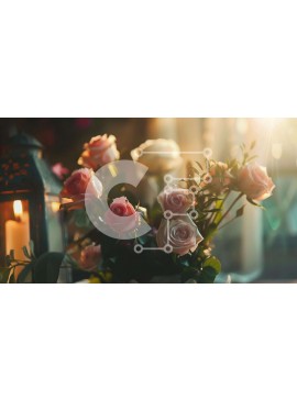 Intra Συλλεκτικό Ξύλινο Παζλ Plywood  4mm - Ροζ τριαντάφυλλα και κεριά σε ένα ηλιόλουστο τραπέζι Σε Ξύλινο Κουτί - Διαστάσεις Puzzle: 10x10 cm – 25 κομμάτια