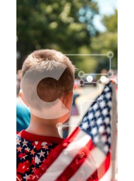 Intra Συλλεκτικό Ξύλινο Παζλ Plywood  4mm - Νεαρό αγόρι με αμερικανική σημαία στη σκηνή του δρόμου Σε Ξύλινο Κουτί - Διαστάσεις Puzzle: 10x10 cm – 25 κομμάτια