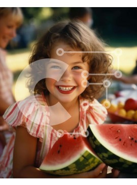 Intra Συλλεκτικό Ξύλινο Παζλ Plywood  4mm - Νεαρό κορίτσι με τις φέτες καρπούζι και τους φίλους Σε Ξύλινο Κουτί - Διαστάσεις Puzzle: 10x10 cm – 25 κομμάτια