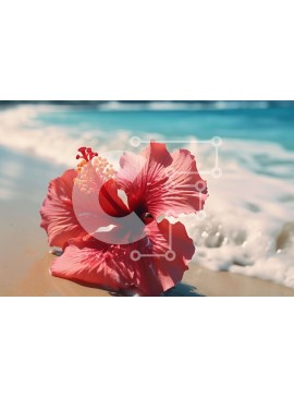 Intra Συλλεκτικό Ξύλινο Παζλ Plywood  4mm - Ροζ λουλούδι ιβίσκου στην αμμώδη παραλία Σε Ξύλινο Κουτί - Διαστάσεις: 10x10 cm – 25 κομμάτια