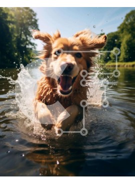 Σετ των 2 Intra Συλλεκτικό Ξύλινο Παζλ Plywood  4mm - Χαρούμενο χρυσό σκυλί που πιτσιλίζει στο νερό Σε Ξύλινο Κουτί - Διαστάσεις: 10x10 cm – 25 κομμάτια