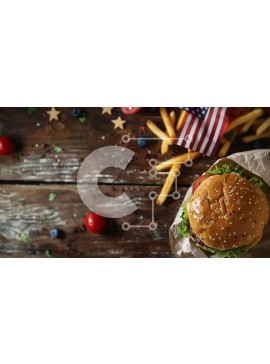 Σετ των 2 Intra Συλλεκτικό Ξύλινο Παζλ Plywood  4mm - Εορταστική σκηνή χάμπουργκερ και πατάτες με αμερικανική σημαία Σε Ξύλινο Κουτί - Διαστάσεις: 10x10 cm – 25 κομμάτια