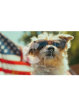 Intra Συλλεκτικό Ξύλινο Παζλ Plywood  4mm - Αξιολάτρευτο σκυλί με γυαλιά ηλίου μπροστά από την αμερικανική σημαία Σε Ξύλινο Κουτί - Διαστάσεις: 10x10 cm – 25 κομμάτια