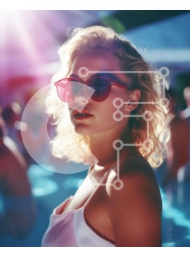 Intra Συλλεκτικό Ξύλινο Παζλ Plywood  4mm - Γυναίκα με ροζ γυαλιά ηλίου στο πάρτι στην πισίνα Σε Ξύλινο Κουτί - Διαστάσεις Puzzle: 10x10 cm – 25 κομμάτια