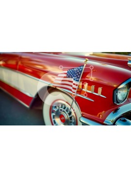 Intra Συλλεκτικό Ξύλινο Παζλ Plywood  4mm - Vintage κόκκινο και λευκό αυτοκίνητο με αμερικανική σημαία Σε Ξύλινο Κουτί - Διαστάσεις Puzzle: 10x10 cm – 25 κομμάτια