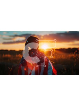 Intra Συλλεκτικό Ξύλινο Παζλ Plywood  4mm - Νεαρό κορίτσι με αμερικανική σημαία στο πεδίο στο ηλιοβασίλεμα Σε Ξύλινο Κουτί - Διαστάσεις Puzzle: 10x10 cm – 25 κομμάτια