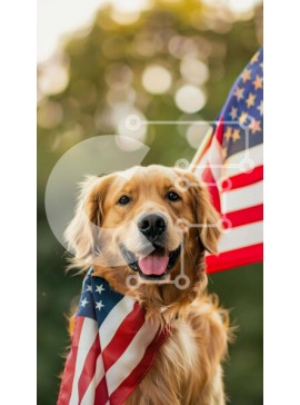 Σετ των 2 Intra Συλλεκτικό Ξύλινο Παζλ Plywood  4mm - Σκύλος Γκόλντεν Ριτρίβερ που γιορτάζει την 4η Ιουλίου με αμερικανική σημαία Σε Ξύλινο Κουτί - Διαστάσεις: 10x10 cm – 25 κομμάτια