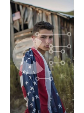 Intra Συλλεκτικό Ξύλινο Παζλ Plywood  4mm - Νεαρός άνδρας με την αμερικανική σημαία μπροστά από την παλιά σιταποθήκη Σε Ξύλινο Κουτί - Διαστάσεις Puzzle: 10x10 cm – 25 κομμάτια