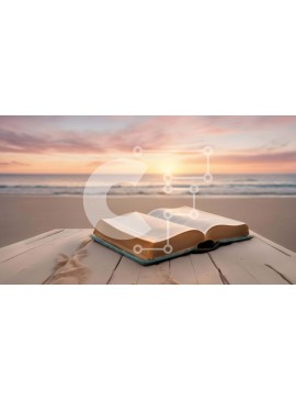 Intra Συλλεκτικό Ξύλινο Παζλ Plywood  4mm - Ανοιχτή Βίβλος στο ξύλινο τραπέζι μπροστά από την παραλία στο ηλιοβασίλεμα Σε Ξύλινο Κουτί - Διαστάσεις Puzzle: 10x10 cm – 25 κομμάτια