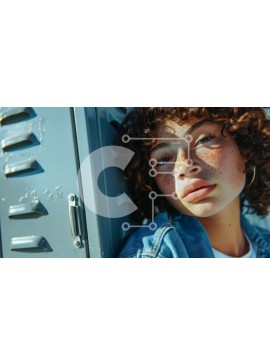 Intra Συλλεκτικό Ξύλινο Παζλ Plywood  4mm - Νεαρή γυναίκα με σγουρά μαλλιά που κλίνει ενάντια στα ντουλάπια Σε Ξύλινο Κουτί - Διαστάσεις Puzzle: 10x10 cm – 25 κομμάτια