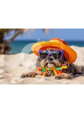 Σετ των 2 Intra Συλλεκτικό Ξύλινο Παζλ Plywood  4mm - Σκύλος με πολύχρωμο καπέλο και γυαλιά ηλίου στην παραλία Σε Ξύλινο Κουτί - Διαστάσεις: 10x10 cm – 25 κομμάτια