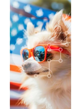 Intra Συλλεκτικό Ξύλινο Παζλ Plywood  4mm - Μικρό λευκό σκυλί που γιορτάζει την 4η Ιουλίου με αμερικανική σημαία Σε Ξύλινο Κουτί - Διαστάσεις Puzzle: 10x10 cm – 25 κομμάτια