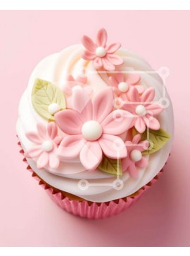 Σετ των 2 Intra Συλλεκτικό Ξύλινο Παζλ Plywood  4mm - Λεπτό cupcake με ροζ λουλούδια και πράσινα φύλλα Σε Ξύλινο Κουτί - Διαστάσεις: 10x10 cm – 25 κομμάτια