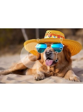 Σετ των 2 Intra Συλλεκτικό Ξύλινο Παζλ Plywood  4mm - Golden Dog με καπέλο και γυαλιά ηλίου στην παραλία Σε Ξύλινο Κουτί - Διαστάσεις: 10x10 cm – 25 κομμάτια