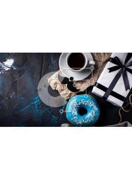 Σετ των 2 Intra Συλλεκτικό Ξύλινο Παζλ Plywood  4mm - Μπλε ντόνατ με φλιτζάνια καφέ και κουτί δώρου Σε Ξύλινο Κουτί - Διαστάσεις: 10x10 cm – 25 κομμάτια
