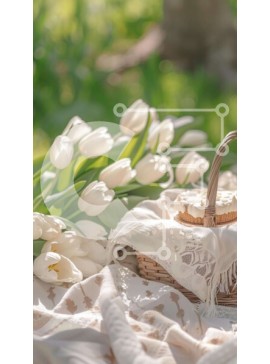 Σετ των 2 Intra Συλλεκτικό Ξύλινο Παζλ Plywood  4mm - Καλάθι πικ-νικ με λευκές τουλίπες Σε Ξύλινο Κουτί - Διαστάσεις: 10x10 cm – 25 κομμάτια