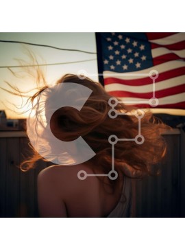 Intra Συλλεκτικό Ξύλινο Παζλ Plywood  4mm - Γυναίκα με μαλλιά που φυσούν δίπλα στην αμερικανική σημαία Σε Ξύλινο Κουτί - Διαστάσεις Puzzle: 10x10 cm – 25 κομμάτια