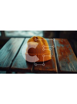 Intra Συλλεκτικό Ξύλινο Παζλ Plywood  4mm - Πορτοκαλί πλεκτό Beanie σε ξύλινο τραπέζι με χιονισμένο τοπίο Σε Ξύλινο Κουτί - Διαστάσεις Puzzle: 10x10 cm – 25 κομμάτια