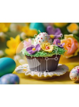 Σετ των 2 Intra Συλλεκτικό Ξύλινο Παζλ Plywood  4mm - Cupcake με πασχαλινό θέμα με πολύχρωμα λουλούδια και πασχαλινό αυγό Σε Ξύλινο Κουτί - Διαστάσεις: 10x10 cm – 25 κομμάτια