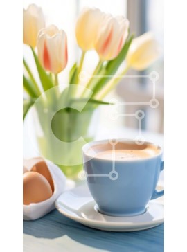 Intra Συλλεκτικό Ξύλινο Παζλ Plywood  4mm - Φλιτζάνι καφέ, αυγό και τουλίπες στο τραπέζι Σε Ξύλινο Κουτί - Διαστάσεις: 10x10 cm – 25 κομμάτια
