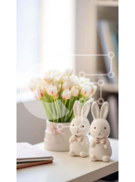 Intra Συλλεκτικό Ξύλινο Παζλ Plywood  4mm - Άσπρα ειδώλια και τουλίπες λαγουδάκι σε ένα τραπέζι Σε Ξύλινο Κουτί - Διαστάσεις Puzzle: 10x10 cm – 25 κομμάτια