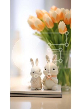 Intra Συλλεκτικό Ξύλινο Παζλ Plywood  4mm - Λευκά ειδώλια λαγουδάκι και ροζ τουλίπες σε ένα άνετο τραπέζι Σε Ξύλινο Κουτί - Διαστάσεις Puzzle: 10x10 cm – 25 κομμάτια