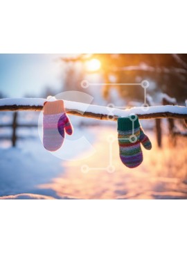 Intra Συλλεκτικό Ξύλινο Παζλ Plywood  4mm - Πολύχρωμα γάντια που κρέμονται στο χιονισμένο κλαδί Σε Ξύλινο Κουτί - Διαστάσεις Puzzle: 10x10 cm – 25 κομμάτια