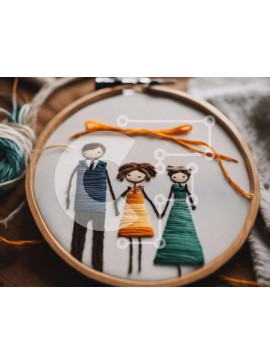 Intra Συλλεκτικό Ξύλινο Παζλ Plywood  4mm - Κέντημα τσέρκι με οικογενειακό πορτρέτο και κλωστές Σε Ξύλινο Κουτί - Διαστάσεις Puzzle: 10x10 cm – 25 κομμάτια