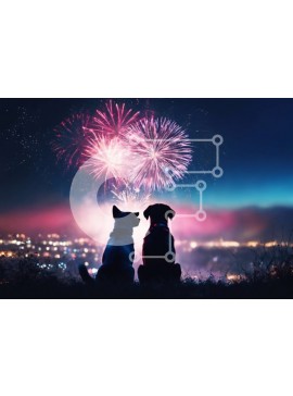 Σετ των 2 Intra Συλλεκτικό Ξύλινο Παζλ Plywood  4mm - Σκυλιά που παρακολουθούν πυροτεχνήματα Σε Ξύλινο Κουτί - Διαστάσεις: 10x10 cm – 25 κομμάτια