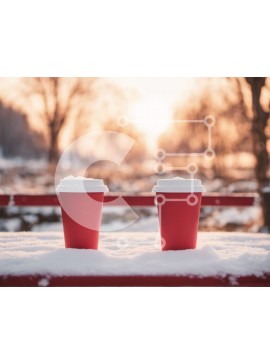 Intra Συλλεκτικό Ξύλινο Παζλ Plywood  4mm - Κόκκινα φλιτζάνια καφέ σε χιονισμένο πάγκο Σε Ξύλινο Κουτί - Διαστάσεις Puzzle: 10x10 cm – 25 κομμάτια